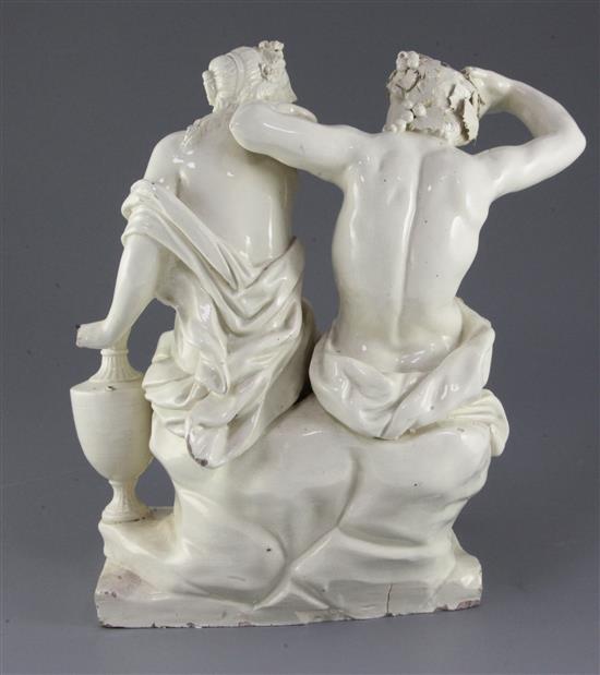 A large Italian faience group of Bacchus and Ariadne, c.1800, attributed to Ferniani, Faenza, 30.5cm, losses
